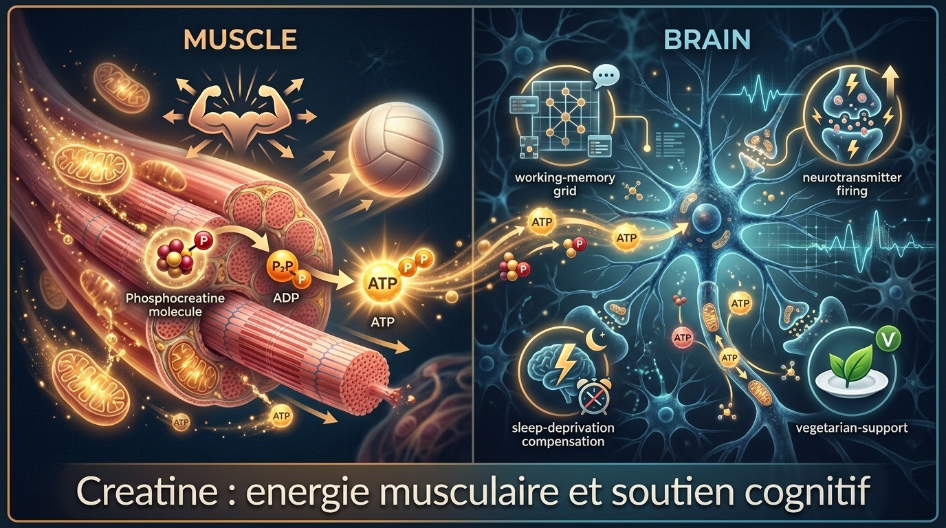 Composition split-screen détaillant le double bénéfice de la créatine : classique performance musculaire via tampon énergétique phosphocréatine régénérant instantanément l'ATP des fibres striées lors d'efforts brefs, et bénéfice cognitif émergent par soutien énergétique neuronal (mémoire de travail, compensation de privation de sommeil, soutien végétarien/végétalien en réserves initialement plus basses).