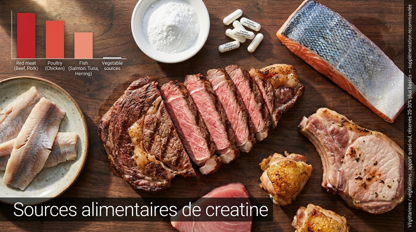 Composition culinaire top-down des principales sources animales de créatine (la viande rouge en tête avec ~4,5 g/kg, suivie du poisson et des viandes blanches), accompagnée de la poudre incolore et de gélules de créatine monohydrate — la forme la mieux étudiée scientifiquement — et d'un encart documentaire sur l'absence quasi-totale de créatine dans l'alimentation végétale.