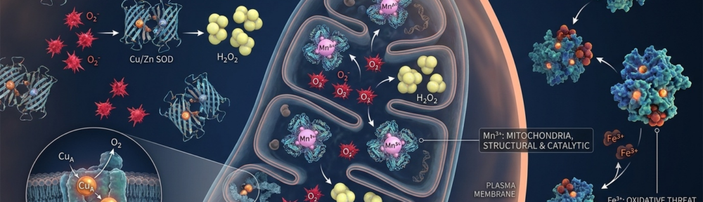 Illustration médicale hyper-réaliste du rôle multiple du cuivre dans la cellule : compartiment cytoplasmique (Cu/Zn SOD neutralisant le superoxyde O₂⁻), mitochondrie (cytochrome c oxydase avec ses centres cuivriques CuA et CuB comme accepteur final d'électrons) et plasma circulant (céruloplasmine contrôlant le fer oxydé évitant les réactions de Fenton).