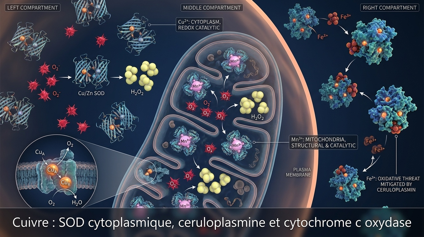 Schéma médiatico-scientifique détaillant les multiples fonctions du cuivre (distinctes du manganèse) au sein d'une cellule : (1) Cu/Zn SOD cytoplasmique dédiée à la défense antioxydante dans le cytosol, (2) céruloplasmine plasmatique qui contrôle l'oxydation du fer (évitant la catalyse Fenton génératrice de radicaux OH·), et (3) cytochrome c oxydase mitochondriale — site crucial de la chaîne respiratoire également cible de la photobiomodulation.