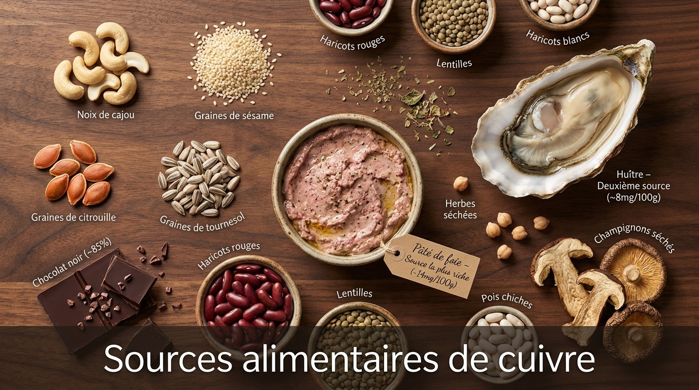 Composition culinaire top-down des meilleures sources alimentaires de cuivre, dominée par le foie/les abats (~14 mg/100 g), suivi des huîtres (~8 mg/100 g), des fruits à coque et graines (cajou, sésame, courge, tournesol), du chocolat noir très concentré (~85 %), des légumineuses et des champignons séchés — large éventail d'aliments qui couvre les besoins dans la majorité des régimes alimentaires occidentaux.