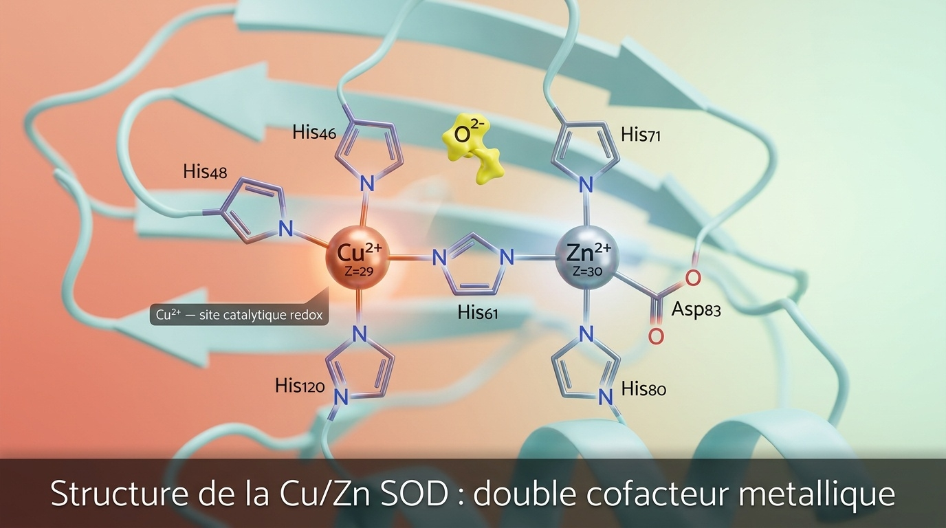Représentation scientifique détaillée de la SOD1 cytoplasmique avec son architecture bimétallique unique associant cuivre (site catalytique redox) et zinc (site structurel) reliés par l'azote imidazolate d'une histidine commune — exemple emblématique de synergie entre deux oligo-éléments partageant un même site enzymatique.