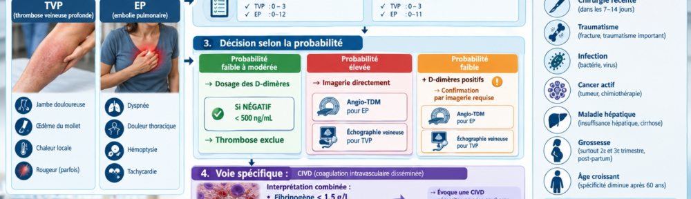 infographie diagnostique médicale sur fond bleu-pâle-stérile et crème-chaud évoquant un service d'urgences ; flowchart/algorithme de décision central à destination des cliniciens — 1) patient avec suspicion, icônes des symptômes cliniques (gauche : TVP — mollet douloureux, gonflement unilatéral ; droite : EP — dyspnée, douleur thoracique, hémoptysie, tachycardie) ; 2) évaluation de la probabilité pré-test clinique — score de Wells / score de Genève révisé ; 3) décision : « probabilité faible-modérée → dosage D-dimères → si NÉGATIF < 500 ng/mL → thrombose exclue » ; 4) « probabilité élevée → imagerie directement — angio-CT pour EP / échographie veineuse pour TVP » ; 5) « probabilité faible → D-dimères positifs → confirmation par imagerie requise » ; 6) voie clinique spécifique pour la coagulation intravasculaire disséminée (CIVD/SID) — interprétation combinée avec fibrinogène < 1,5 g/L, plaquettes < 100 000/mm³, schizocytes sur frottis sanguin, score ISTH ; panneau droit pictogrammes de « faux positifs » — chirurgie récente, traumatisme, infection, cancer actif, maladie hépatique, grossesse, âge avancé, expliquant la faible spécificité du test ; bandeau bas nombres-clés — prévalence TVP/EP en Europe ≈ 300 000 cas/an, VPN du D-dimères négatif ≈ 99 % en probabilité pré-test faible, exigence de mise en contexte clinique.