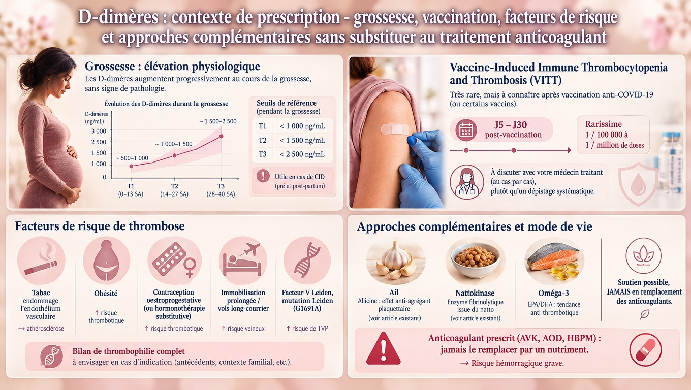 grossesse, post-vaccination, thrombophilie héréditaire — un dosage utile mais à interpréter selon le contexte clinique, sans substituer aux anticoagulants.