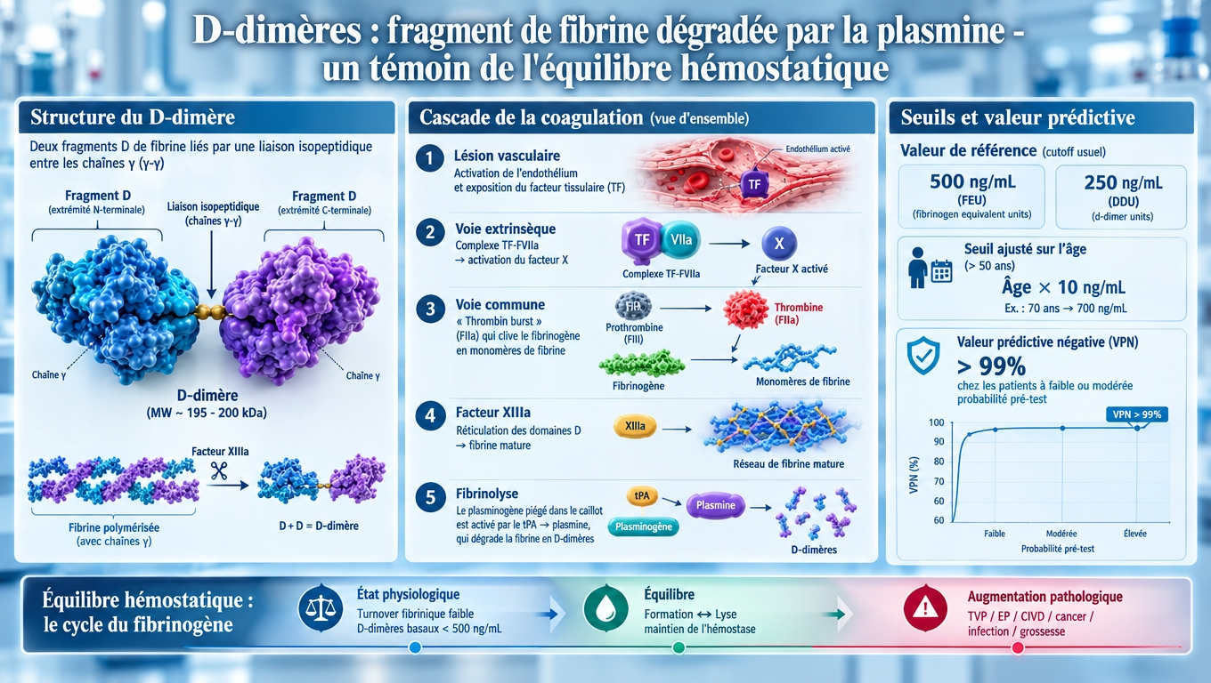 fragment de fibrine réticulée créé par la plasmine — un biomarqueur sensible de l'activation hémostatique, mais peu spécifique.