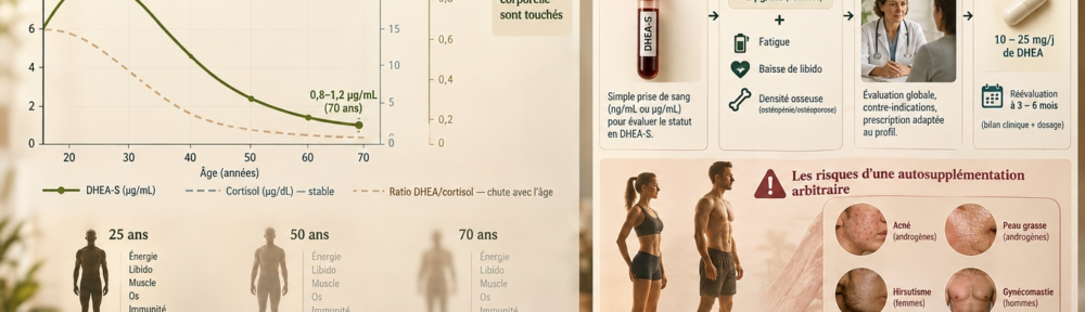 Infographie clinique en deux volets sur fond crème‑terre. À gauche : graphique vertical décroissant « Pic vers 25 ans puis ‑80 à 90 % à 70 ans » avec une courbe pleine vert olive pour la DHEA‑S sérique (pic 7‑8 µg/mL à 25 ans, chute à 0,8‑1,2 µg/mL à 70 ans) ; courbe pointillée gris corticol stable ; courbe pointillée rouge rapport DHEA/cortisol en chute libre avec l'âge. Encart : « mémoire, immunité, énergie, libido, composition corporelle sont affectés ». Trois silhouettes superposées : 25 ans pleine, 50 ans estompée, 70 ans très floue. À droite : arbre décisionnel médical avec icônes – (1) tube de sang pour dosage DHEA‑S d'abord, (2) si valeurs basses (< 1 µg/mL femmes, < 2 µg/mL hommes) ET symptômes (fatigue, chute libido, déminéralisation), (3) consultation endocrinologue ou gynécologue, (4) éventuelle prescription 10‑25 mg/j pendant 3‑6 mois sous contrôle ; pictogrammes d'effets secondaires : acné androgénique, peau grasse, hirsutisme féminin, gynécomastie masculine.