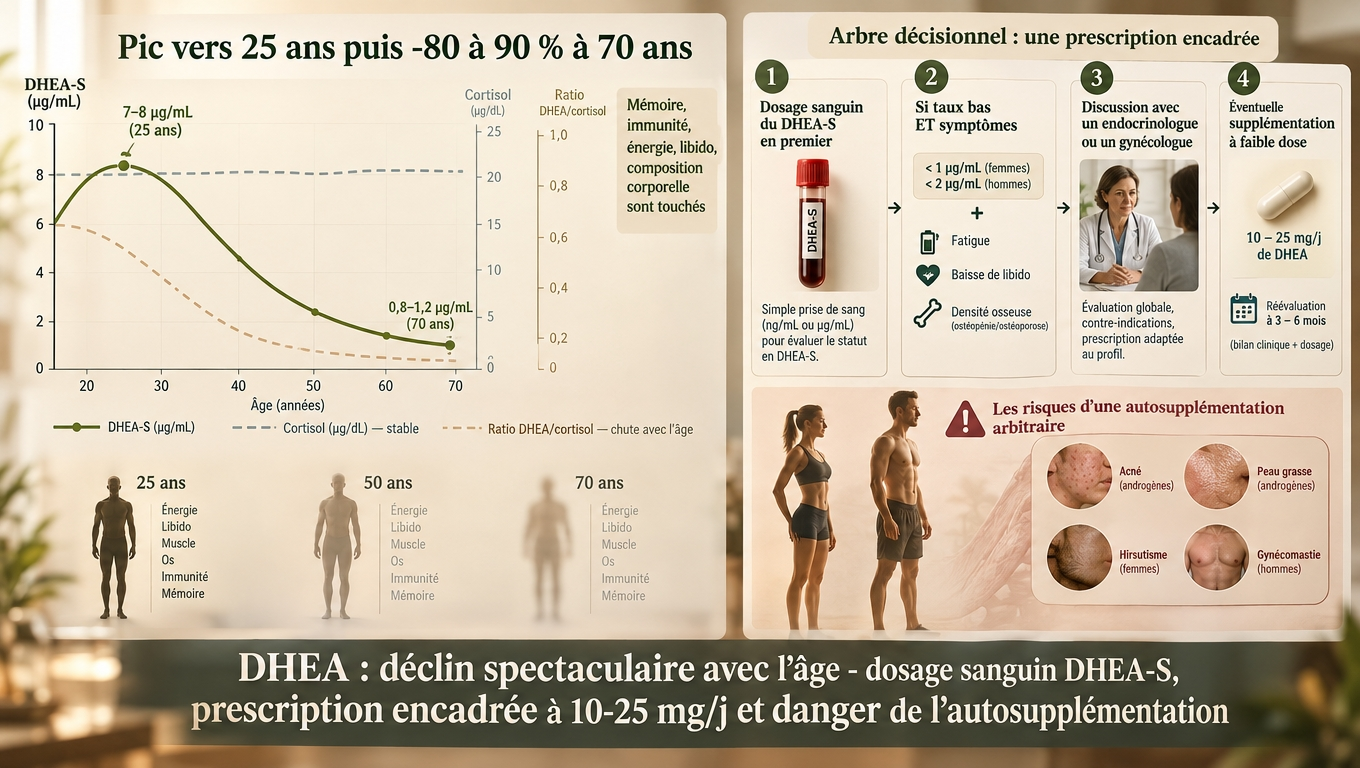 –80 à 90 % à 70 ans vs cortisol stable : le ratio DHEA/cortisol s'effondre ; seul un dosage sanguin encadrant une éventuelle prescription (10‑25 mg/j) évite acné, hirsutisme et gynécomastie.