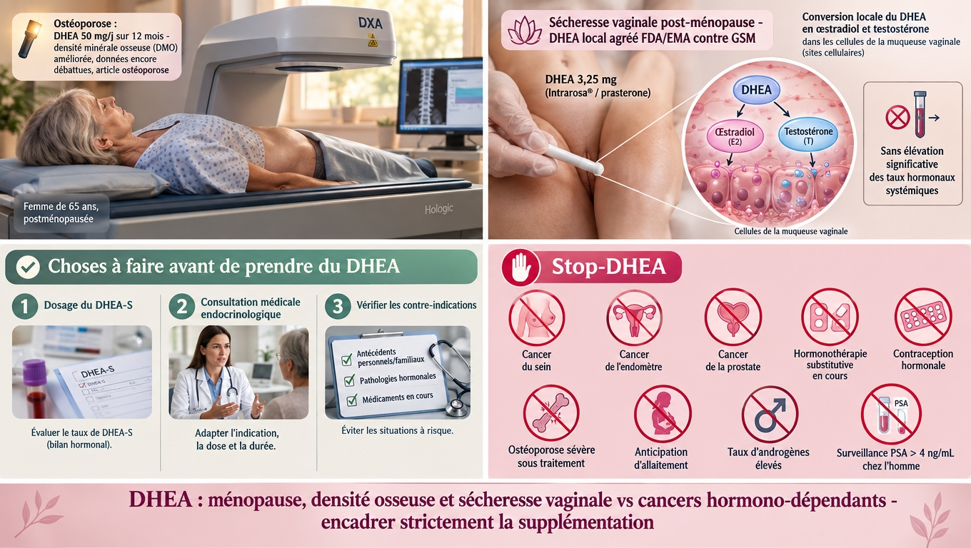 DHEA local vaginal validé pour la sécheresse post‑ménopausique, promesse osseuse encore débattue, mais dangers androgéniques et risque de cancers hormono‑dépendants imposent avis médical strict et bilan préalable.