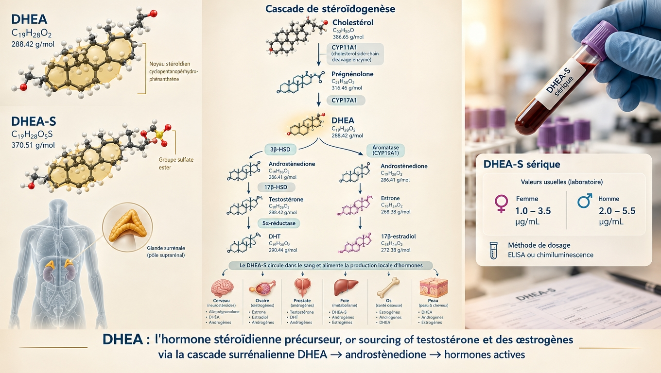 Stéroïde surrénalien en C₁₉H₂₈O₂, converti localement en testostérone et estradiol — un précurseur flexible qui permet à chaque tissu de produire l'hormone dont il a besoin.