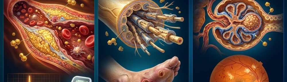 Infographie médicale en triptyque éditorial sur fond teal‑cobalt. (Panneau gauche – cardiovasculaire) : coupe longitudinale d'une artère coronaire enflammée avec plaque d'athérosclérose (cœur lipidique nécrotique jaune, chape fibreuse), globules rouges grossis et endothélium endommagé par des AGE — Advanced Glycation End‑products (molécules hexagonales dorées), tracé ECG montrant des modifications ST, brassard affichant 145/90 mmHg. (Panneau central – neuropathie) : coupe de nerf périphérique démyélinisé, pied diabétique avec ulcération cutanée non détectée à cause de la perte de sensibilité, petit icône de test au monofilament 10 g. (Panneau droite – rein & œil) : coupe rénale montrant un glomérule avec expansion mésangiale et nodule de Kimmelstiel‑Wilson, image rétinienne avec micro‑anévrismes ponctuels et exsudats cotonneux de la rétinopathie diabétique. Palette ambre‑cobalt, rendu photoréaliste 16:9.