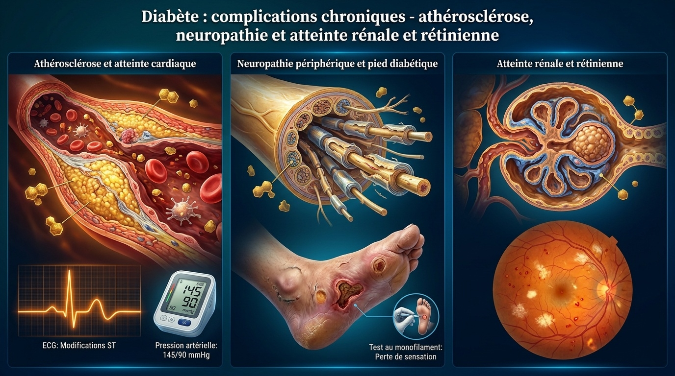 Triptyque des complications chroniques du diabète : complications cardiovasculaires, neuropathie périphérique, néphropathie et rétinopathie.
