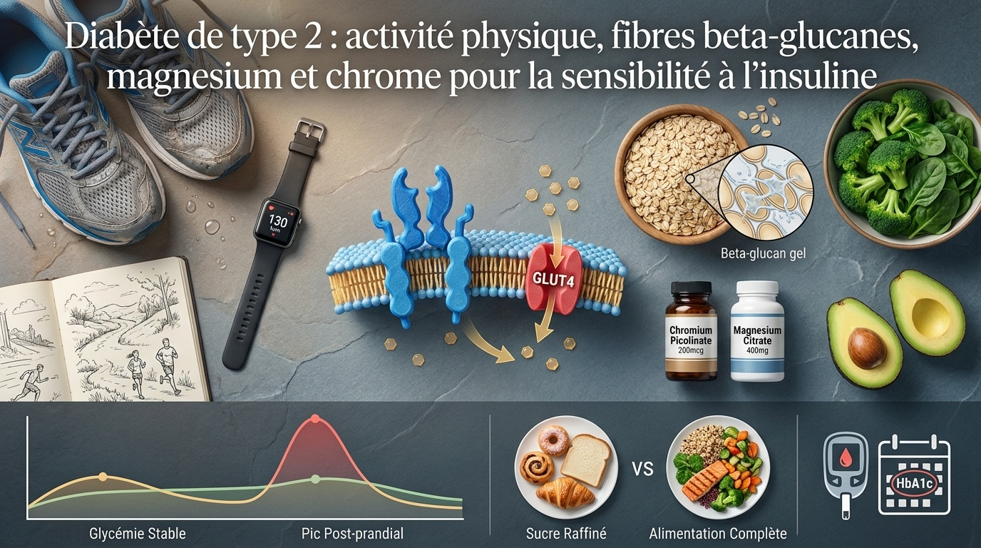 Vue pratique de la prévention du DT2 : exercice régulier, fibres bêta‑glucanes, magnésium, chrome et équilibre alimentaire pour restaurer la sensibilité insulinique.