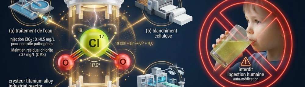 visualisation 3D hyper‑réaliste de la molécule de dioxyde de chlore (ClO₂) : atome de chlore (Z = 17, vert‑jaune toxique) lié à deux atomes d'oxygène rouges par doubles liaisons, géométrie légèrement coudée (angle Cl‑O‑Cl ≈ 117,6°), 19 électrons de valence (radical libre). Le contexte est strictement industriel : réacteur scellé en titane dans une station de traitement d'eau potable qui injecte ClO₂ à 0,1–0,5 mg/L (résidu chlorite limité à < 0,7 mg/L selon OMS), une usine de pâte à papier pour le blanchiment de la cellulose, et une unité de stérilisation hospitalière pour surfaces critiques/dispositifs. À droite, contraste très net : panneau rouge d'interdiction sur un enfant buvant un verre de solution jaune‑vert trouble portant la mention « ingestion humaine / automédication interdite »