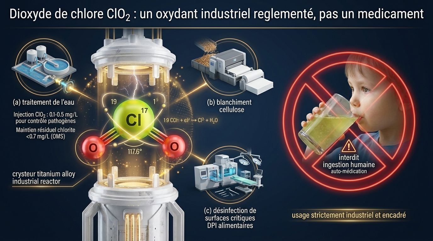 Représentation pédagogique d'un oxydant industriel puissant, sans usage thérapeutique validé chez l'humain.