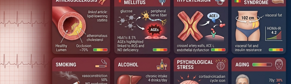 infographie médicale éditoriale sur fond clinique bordeaux‑marine, divisée en six à huit panneaux colorés chacun représentant un facteur de risque avec une icône et une donnée chiffrée : (1) Athérosclérose – coupe d'artère caverneuse avec lumière saine vs plaque d'athérome colmatant 70 % du calibre ; (2) Diabète – HbA1c 8,5 %, AGE (advanced glycation end‑products) attaquant le nerf périphérique et l'endothélium, déplétion NO ; (3) Hypertension – parois artérielles rigides, IA‑inhibiteur/β‑bloquant, dysfonction endothéliale ; (4) Syndrome métabolique – tour de taille 102 cm, HOMA‑IR 4,2, graisse viscérale et insulino‑résistance ; (5) Tabagisme – une cigarette, vasoconstriction et −50 % de production de NO ; (6) Alcool chronique – hépatopathie à 4 verres/jour, neuropathie hépatique ; (7) Stress psychologique – cycle cortisol‑circadien, hyperactivation sympathique ; (8) Vieillissement – courbe de prévalence : 1 % à 40 ans, 8 % à 50 ans, 30 % à 70 ans. Chaque panneau accompagné d'une échelle de sévérité verte/jaune/rouge. Lumière studio volumétrique, style éditorial scientifique.