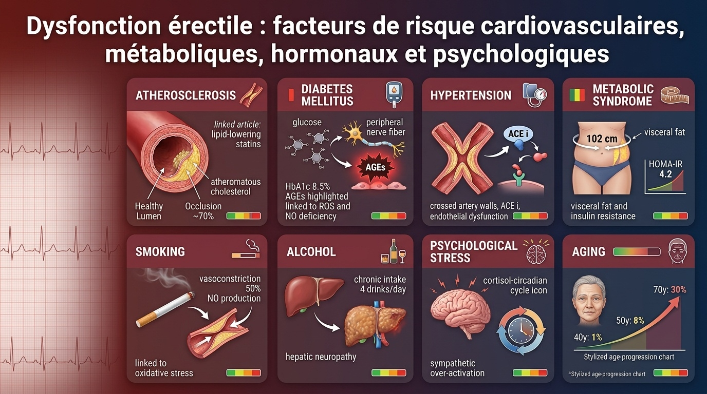 Mapping des huit grands facteurs de risque (vasculaires, métaboliques, hormonaux, psychologiques) avec leurs mécanismes endothéliaux et épidémiologie.