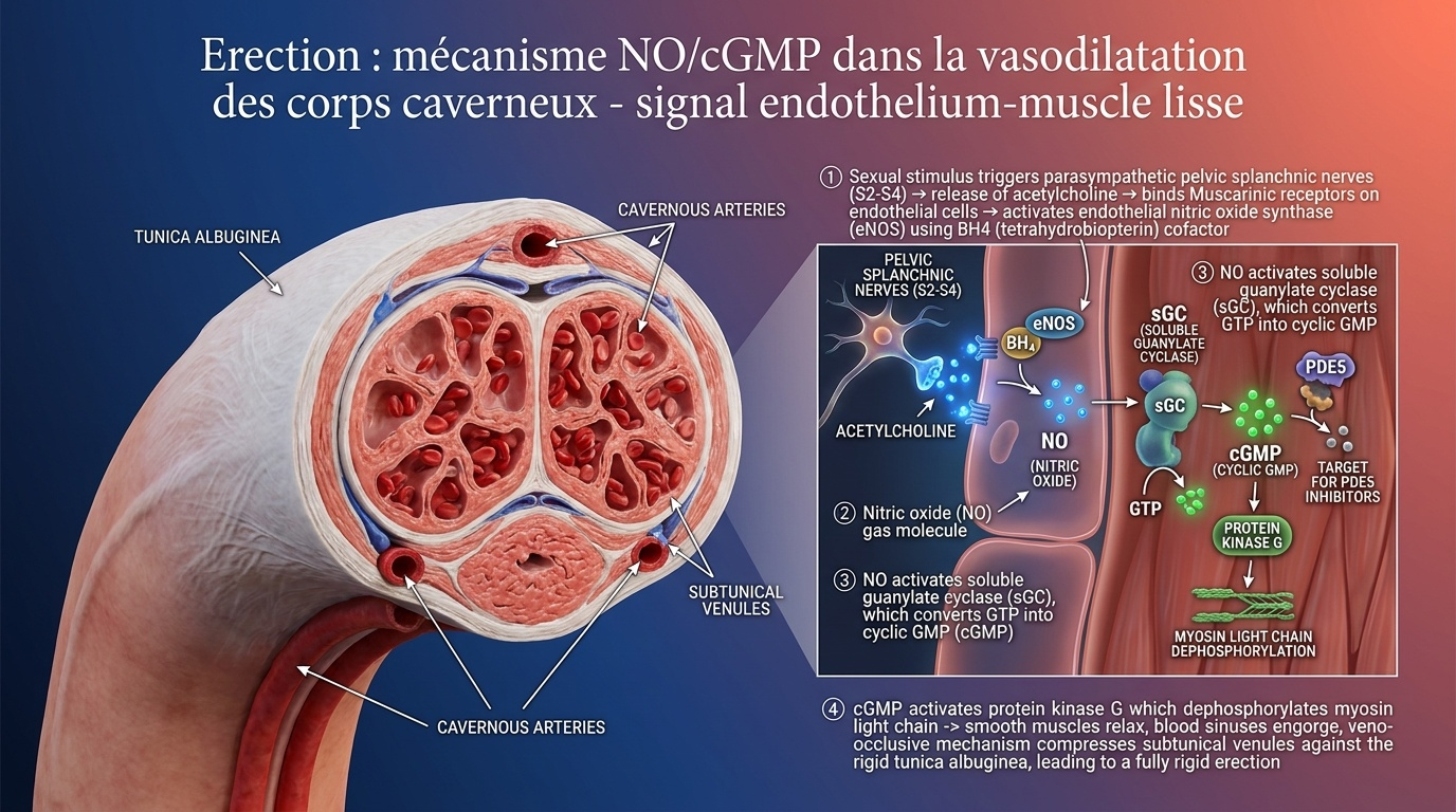 Vue pédagogique du mécanisme de l'érection : production et signalisation de l'oxyde nitrique (NO) via la voie cGMP.