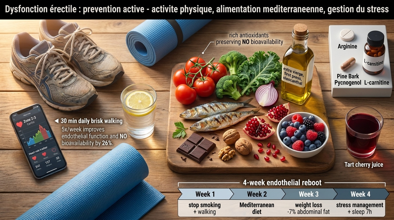Tableau lifestyle‑médical des principaux leviers de prévention / réversibilité : activité physique, régime méditerranéen, gestion du stress, micronutriments ciblés.
