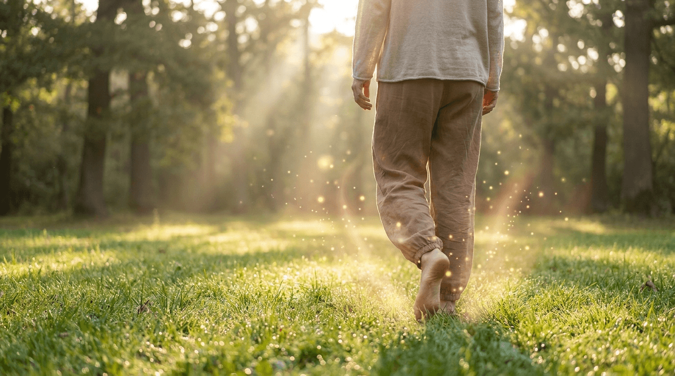 Image lifestyle wellness illustrant la pratique simple et accessible du grounding en extérieur : marcher pieds nus sur le sol naturel pendant 20 à 30 minutes par jour.