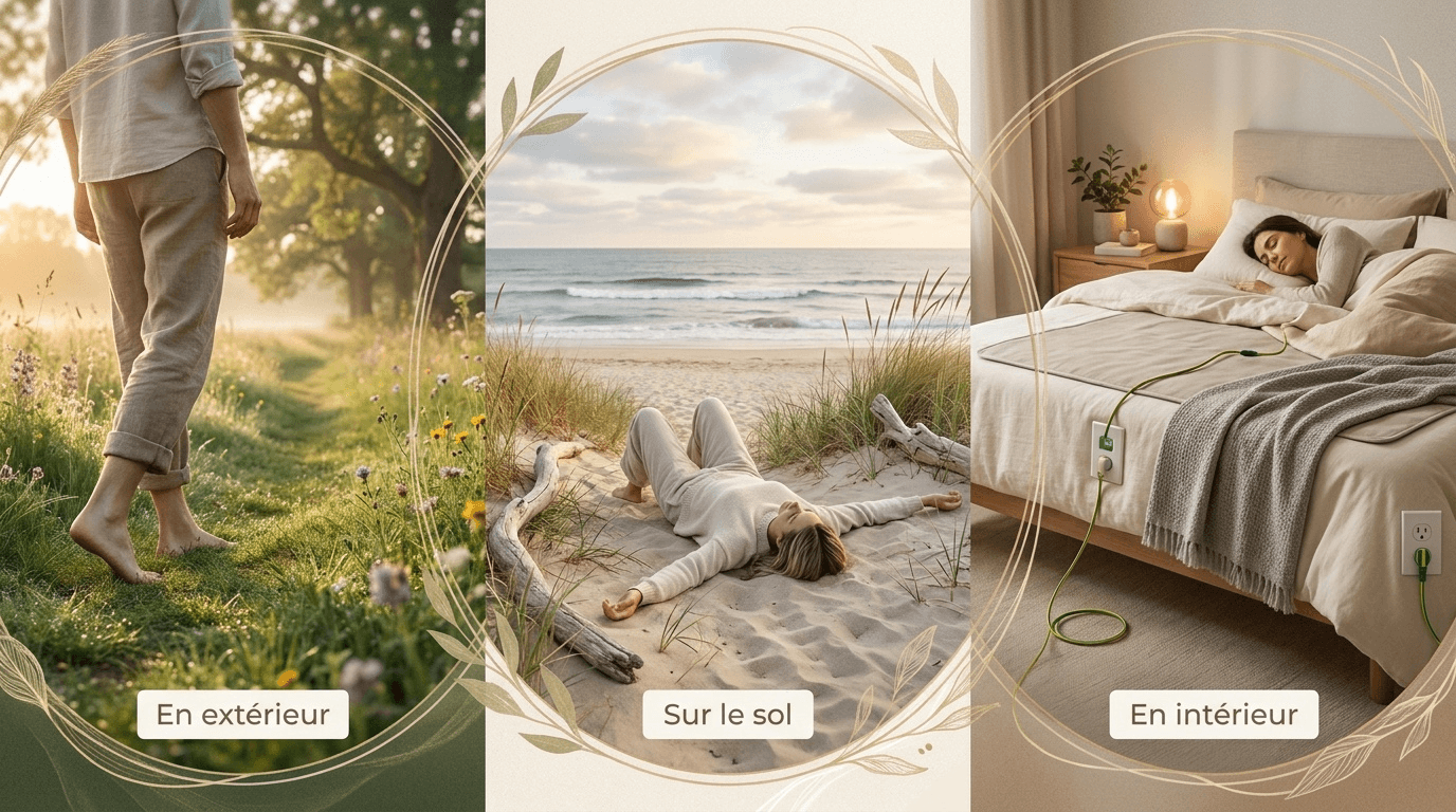Composition pédagogique harmonisée illustrant l'intégration du grounding dans la vie quotidienne selon trois modalités complémentaires : en extérieur, au sol, ou en intérieur avec accessoires dédiés.