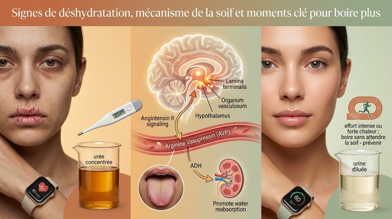 Comparaison visuelle entre état déshydraté et état bien hydraté, mécanisme hypothalamique de la soif, moments-clés de majoration des apports.