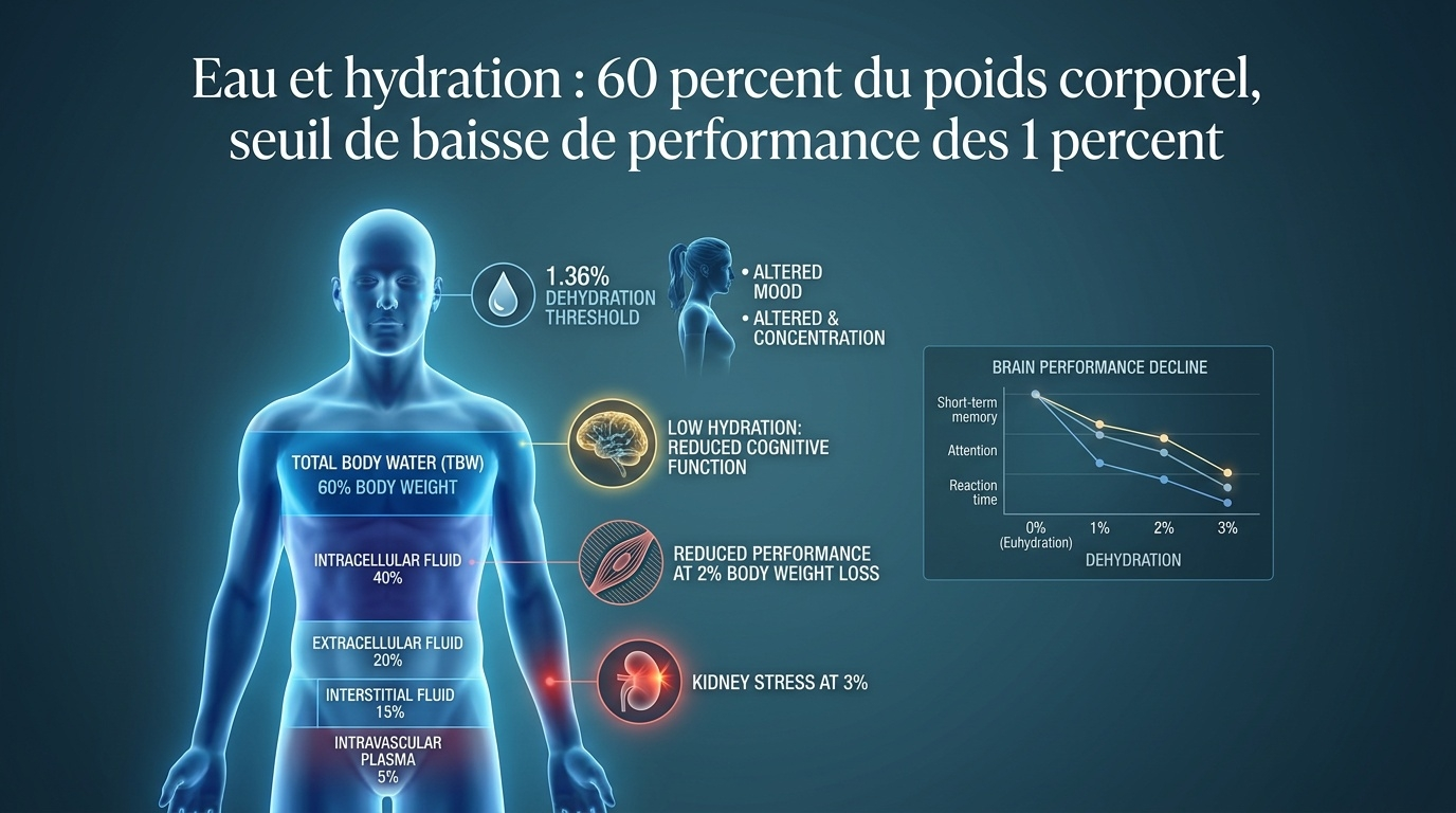 Vue d'ensemble de la répartition de l'eau dans l'organisme (60 % du poids corporel) et du seuil critique de 1 % où les fonctions cérébrales décrochent.