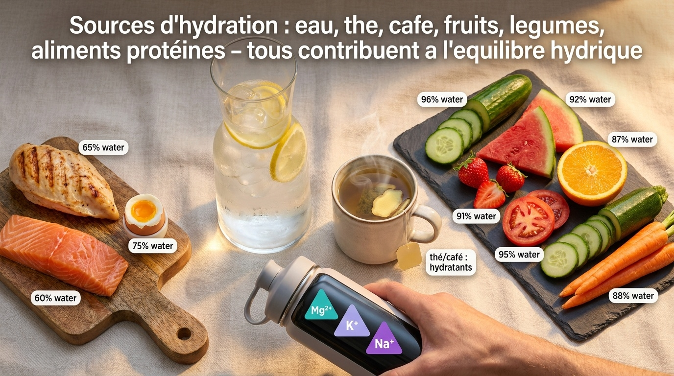 Panorama alimentaire complet des sources d'hydratation : eau pure, thés, cafés, fruits et légumes très riches en eau, aliments protéinés sources d'eau « cachée ».