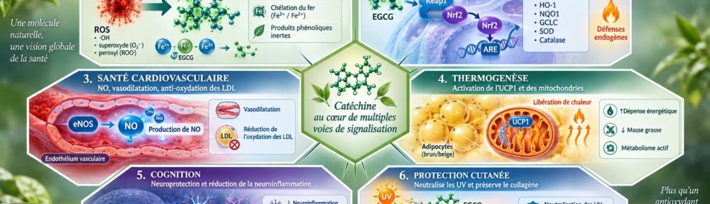 infographie médicale en nid d'abeille sur fond sauge-vert et bleu-acier ; six panneaux réalistes — 1) haut-gauche : radicaux libres (·OH, superoxyde, peroxyle) neutralisés par l'EGCG via piégeage direct et chélation du fer (Fe²⁺/Fe³⁺) avec produits phénoliques inertes ; 2) haut-droite : cascade Nrf2-Keap1 activée par l'EGCG avec transcription des gènes ARE-dépendants (HO-1, NQO1, GCLC, SOD, catalase) ; 3) milieu-gauche : endothélium vasculaire avec NO produit par eNOS, vasodilatation et réduction de l'oxydation des LDL ; 4) milieu-droite : adipocytes avec thermogenèse via UCP1 mitochondriale ; 5) bas-gauche : hippocampe avec neurones et neuro-inflammation réduite ; 6) bas-droite : peau avec fibres de collagène et protection contre UV ; centre inscription reliant les six volets « catéchine au cœur de multiples voies de signalisation ».