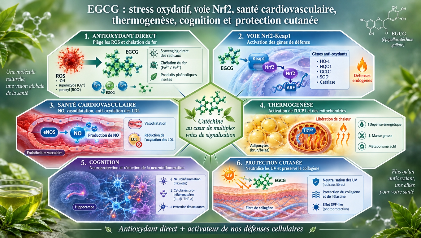 six mécanismes documentés convergent autour de l'EGCG — antioxidant direct, Nrf2, eNOS, thermogenèse UCP1, neuroprotection, photoprotection.