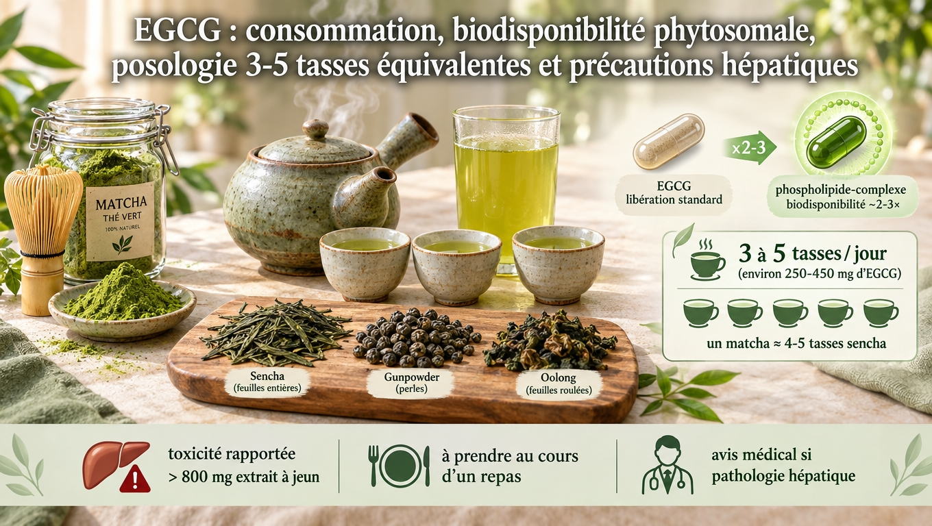 théière, matcha, gélules phytosomales et pictogrammes de précaution — consommation de thé vert, biodisponibilité optimisée, prudence hépatique à forte dose.