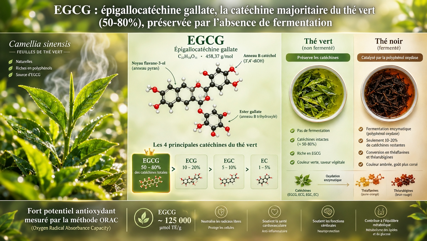 molécule 3D, brindille de thé vert et comparaison avec thé noir — l'EGCG, polyphénol majeur du thé vert, reste préservé grâce à l'absence de fermentation.
