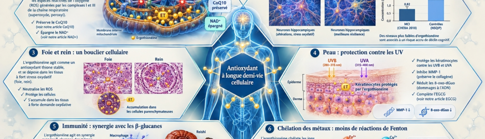 infographie scientifique en nid d'abeille sur fond crème-bleu-acier ; six panneaux — 1) haut-gauche : mitochondrie avec molécule ET concentrée à la membrane mitochondriale interne, neutralisation des ROS des complexes I et III ; 2) haut-droite : neurones hippocampiques avec préservation cognitive vs MCI, discrète corrélation inverse niveau sanguin d'ergothionéine / troubles cognitifs (Teruya 2019, côte CHEBA) ; 3) milieu-gauche : hépatocytes et cellules rénales illustrant l'accumulation dans les tissus à fort stress oxydatif ; 4) milieu-droite : kératinocytes cutanés protégés contre UVB/UVA, suppression de MMP-1 et de 8-oxo-dGuo, complémentarité avec l'EGCG ; 5) bas-gauche : macrophage avec mention de la synergie avec les bêta-glucanes des champignons médicinaux (Reishi, Chaga) ; 6) bas-droite : chélation des métaux redox-actifs (Fe²⁺/Cu²⁺) empêchant les réactions de type Fenton ; centre hub « antioxidant à longue demi-vie cellulaire » reliant tous les panneaux.