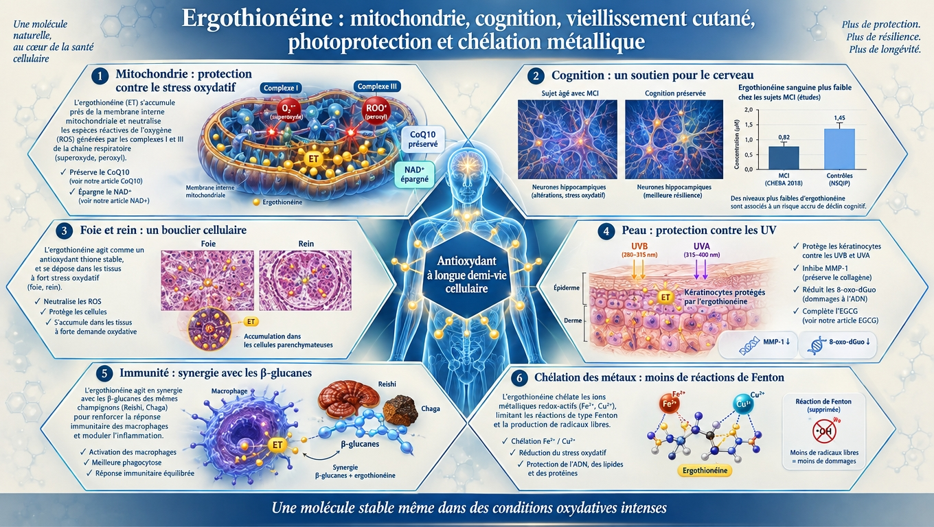 mitochondrie, hippocampe, peau, chélation métallique — l'ergothionéine protège par six voies distinctes les tissus les plus exposés au stress oxydatif.