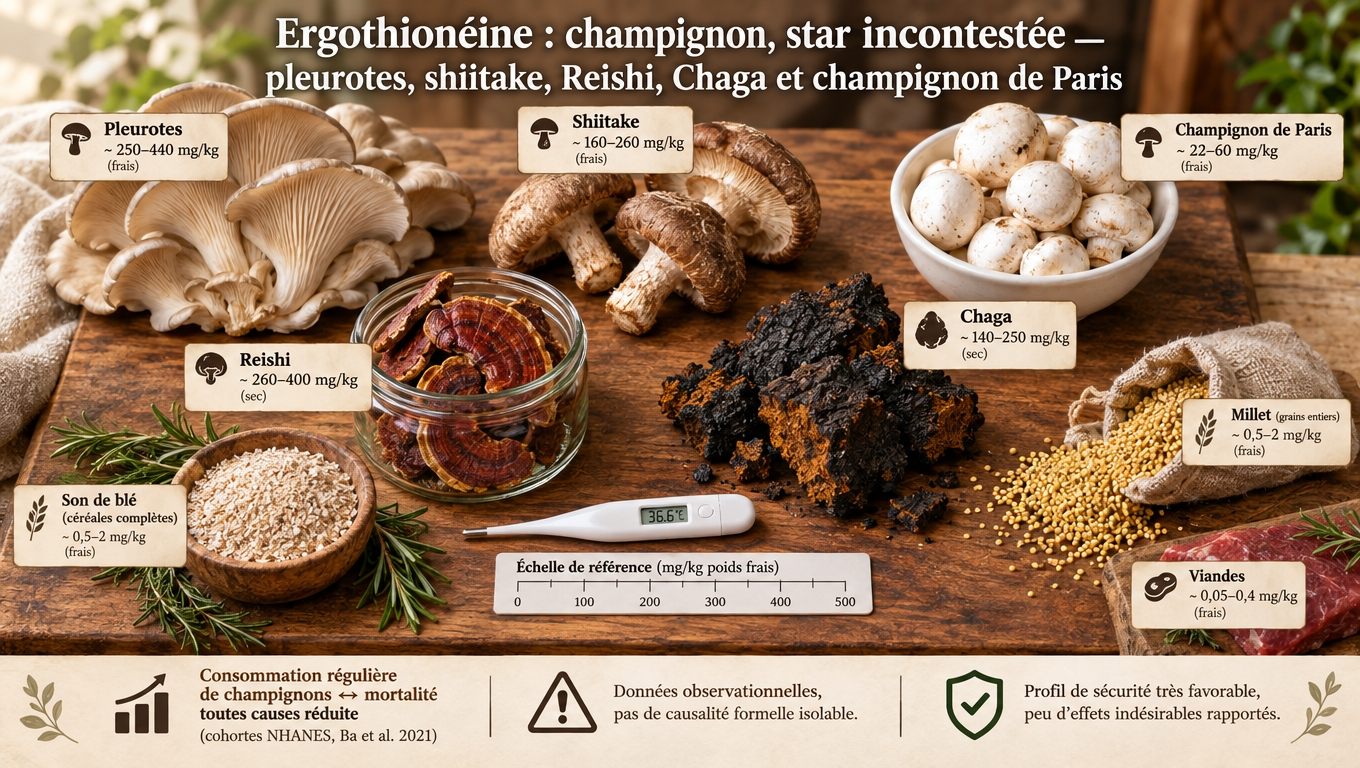  pleurotes, shiitake, Reishi, Chaga et champignons de Paris — sources alimentaires et données observationnelles d'une molécule stable, sûre et aux promesses longévité.