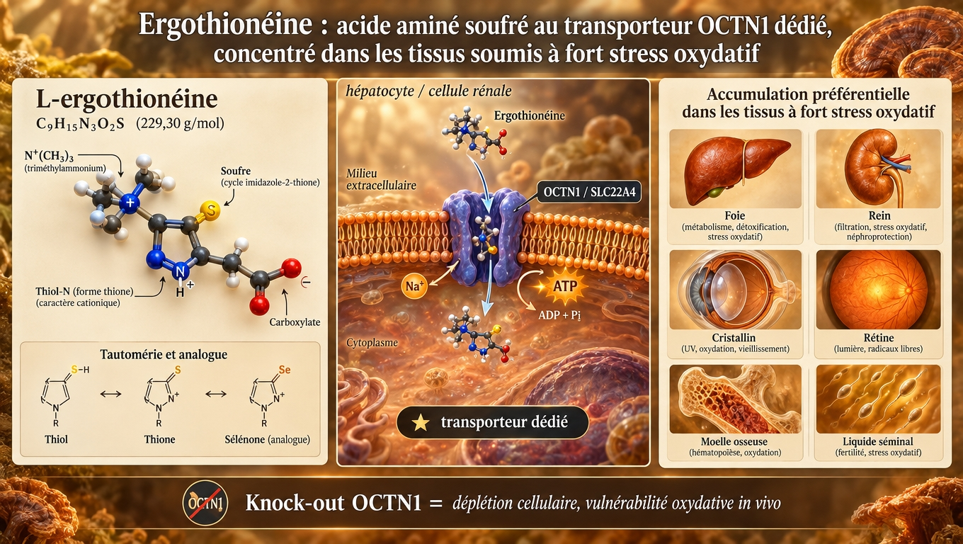 molécule 3D, transporteur OCTN1 dédié et tissus cibles — l'ergothionéine, acide aminé rare dont l'unique transporteur suggère un rôle biologique fondamental.