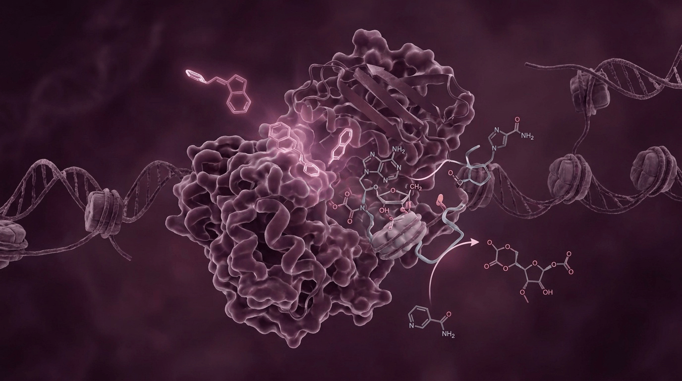 Schéma moléculaire haute précision illustrant le mécanisme par lequel le resvératrol, en se liant à un site allostérique de la sirtuine SIRT1, potentialise son activité de déacétylation dépendante du NAD+.