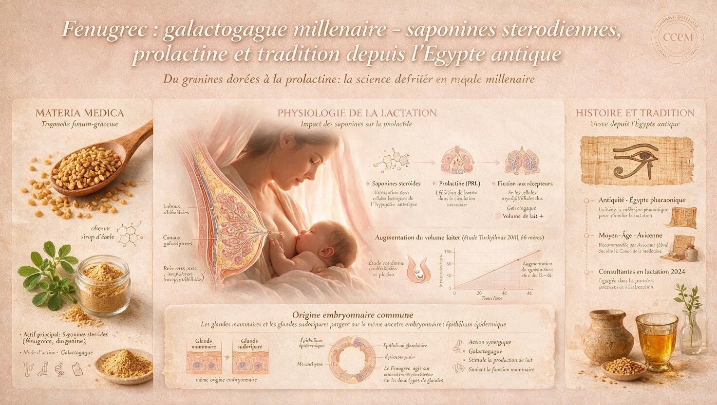 mère allaitant, graines de fenugrec, saponines → prolactine et origine embryonnaire commune — une galactagogue documentée depuis l'Égypte antique.