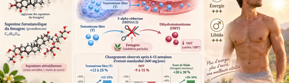 infographie endocrinienne médico-éditoriale sur fond crème-chrome et rose pâle évoquant la vitalité masculine ; panneau gauche modèle 3D boule-bâtonnet de la diosgénine (C₂₇H₄₂O₃) et d'une saponine furostanolique de fenugrec (protodioscine) montrant le noyau stéroïde avec chaîne sucrée, annotation « saponines stéroïdiennes » ; panneau central diagramme hormonal élégant — testostérone libre T (sphères bleu clair) dans les cellules de Leydig et la circulation, enzyme 5-α-réductase (SRD5A1/2) illustrée comme paire de ciseaux avec flèche de conversion vers dihydrotestostérone DHT (rouge profond), croix rouge sur les ciseaux indiquant inhibition partielle par le fenugrec, libérant davantage de T libre et réduisant la DHT (contexte calvitie/HBP), mini-graphique modifications observées à 6-12 semaines avec extrait standardisé 600 mg/jour — T libre +12-25 %, DHT -9-15 %, score de libido Derogatis Sexual Function Inventory +20-30 % (Steels 2011, Wankhede 2016) ; panneau droite silhouette masculine discrète avec symboles de vitalité — énergie ↑↑↑, libido ↑↑↑, soleil levant discret ; bandeau bas légende précisant « délai 6-12 semaines » et distinguant questionnaires subjectifs de marqueurs biologiques objectifs ; icônes de plantes alliées traditionnelles (Tribulus terrestris, Eurycoma longifolia, Maca).