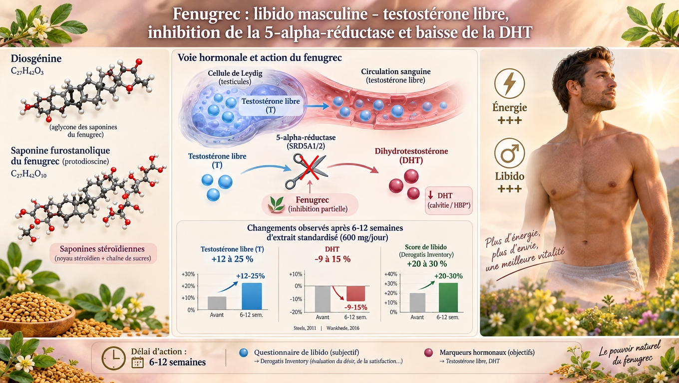 saponines → inhibition 5α-réductase → T libre ↑ et DHT ↓ — le fenugrec soutient la libido masculine avec un effet observable en 6 à 12 semaines.