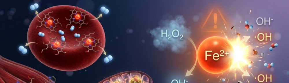 Visualisation 3D hyper‑réaliste illustrant la dualité du fer : à gauche, érythrocyte rempli d'hémoglobine avec ses quatre groupes hème chacun centré sur un atome de fer (rouge‑orange) transportant l'oxygène vers les tissus, et mitochondrie avec ses centres fer‑soufre de la chaîne respiratoire ; à droite, ion ferreux Fe²⁺ libre catalysant la conversion du peroxyde d'hydrogène H₂O₂ en radical hydroxyle •OH ultra‑réactif — la réaction de Fenton.