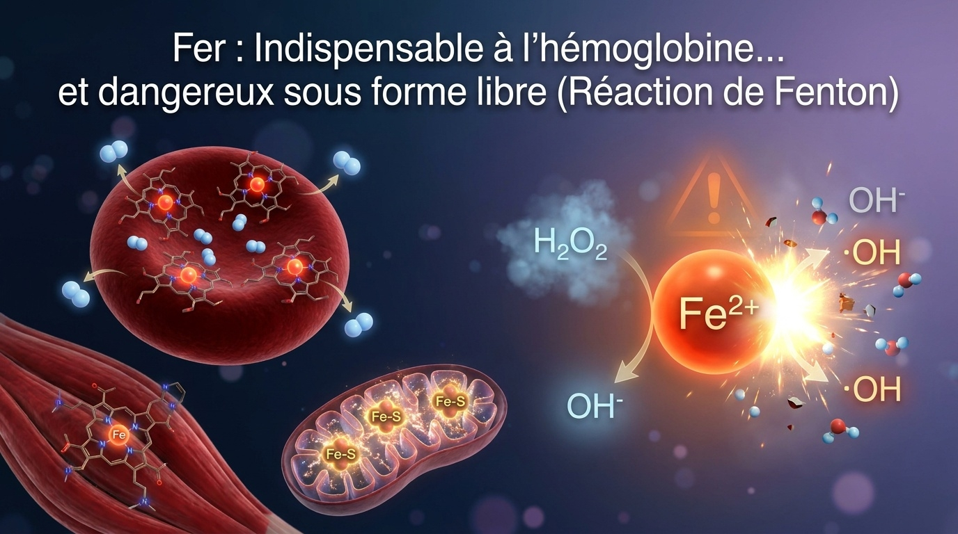Représentation saisissante du paradoxe central du fer : indispensable au transport de l'oxygène (hémoglobine, myoglobine, centres Fe‑S mitochondriaux) mais générateur de dégâts oxydatifs majeurs dès qu'il échappe à sa régulation protéique.