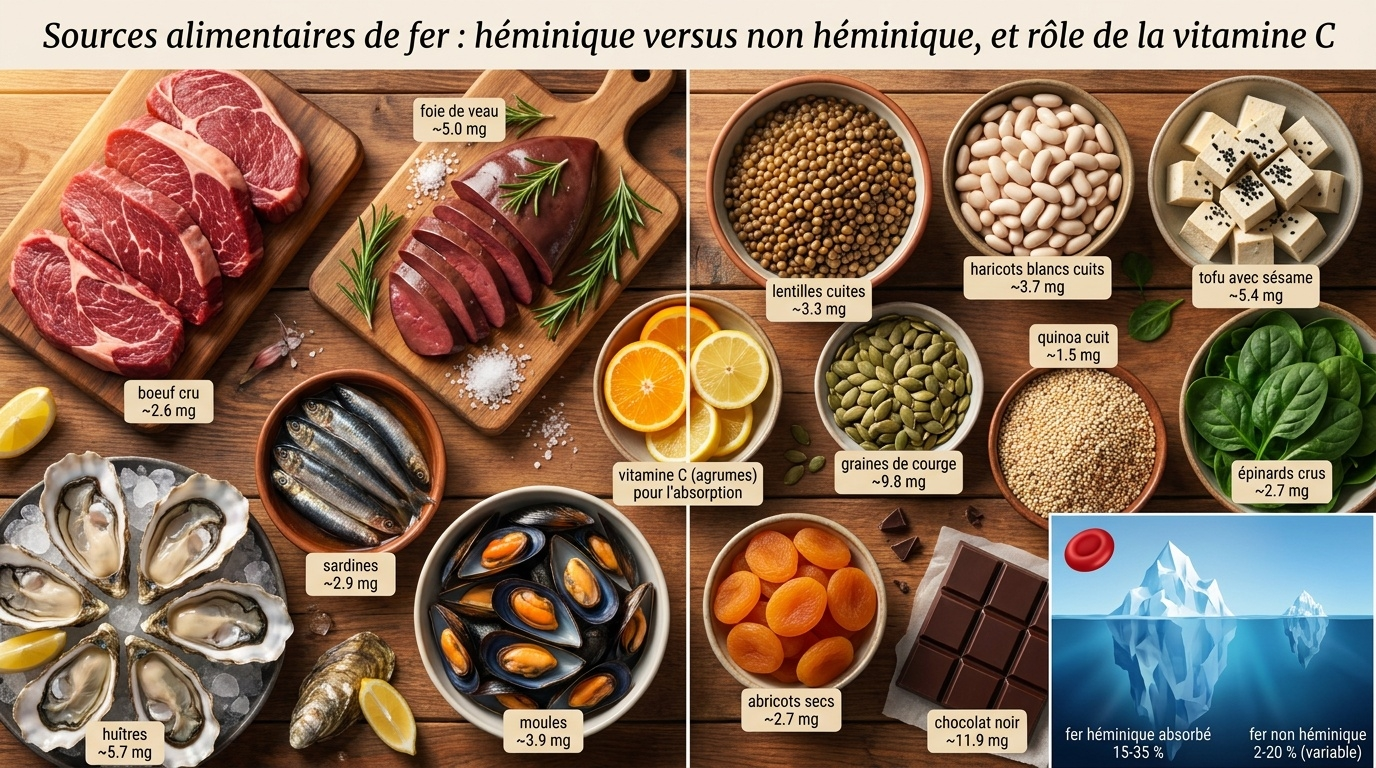 Vue d'ensemble pratique des sources de fer alimentaires, distinguant le fer héminique (animal, hautement biodisponible) et le fer non héminique (végétal, dont l'absorption est multipliée par la vitamine C et limitée par les phytates/polyphénols).