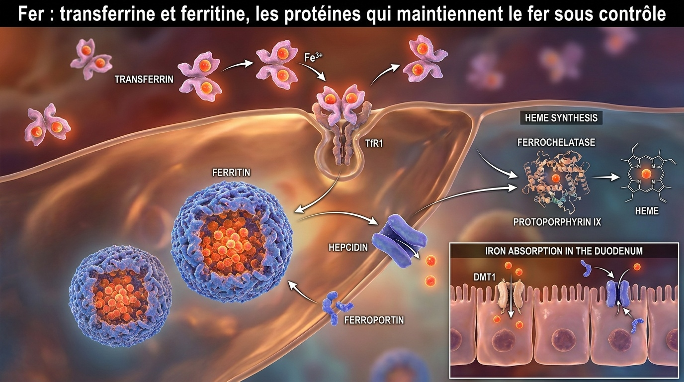 Vue d'ensemble du système sophistiqué qui maintient le fer prisonnier des protéines : transferrine (transport plasmatique), ferritine (stockage minéralisé), DMT1 et ferroportine (absorption duodénale contre l'hepcidine), ferrochélatase (synthèse de l'hème).