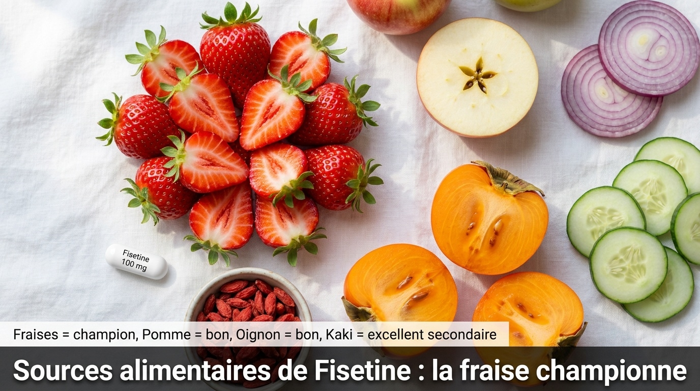 Composition culinaire top-down des sources naturelles de fisétine, dominée par la fraise (environ 160 µg/100 g — champion toutes catégories), complétée par la pomme, l'oignon, le concombre, le kaki fuyu, les baies de goji et, pour ceux cherchant des doses plus importantes, la supplémentation en gélules de fisétine 100 mg.