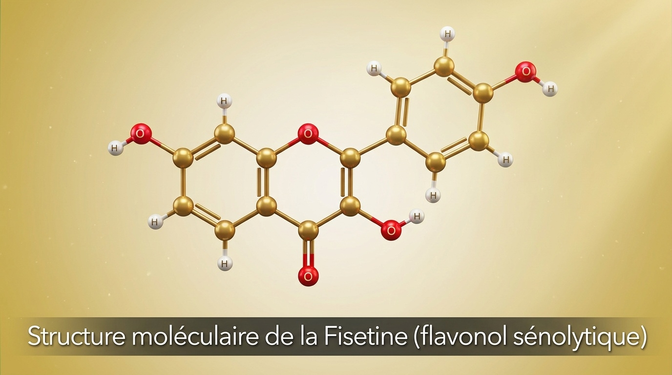 Représentation scientifique détaillée de la fisétine — flavonol polyphénolique de la famille des quercétines — caractérisé par quatre hydroxyles phénoliques et un chroménone central qui lui confèrent son activité antioxidante et sa capacité unique d'élimination sélective des cellules sénescentes.