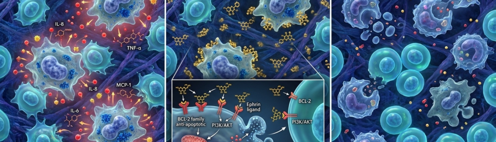 Illustration médicale hyper-réaliste du mécanisme d'action sénolytique de la fisétine sur les cellules sénescentes « zombies » : envahissement d'un microenvironnement tissulaire, apoptose sélective via inhibition BCL-2 et PI3K/AKT, libération de cytochrome c et activation des caspases, sans atteinte des cellules saines voisines.