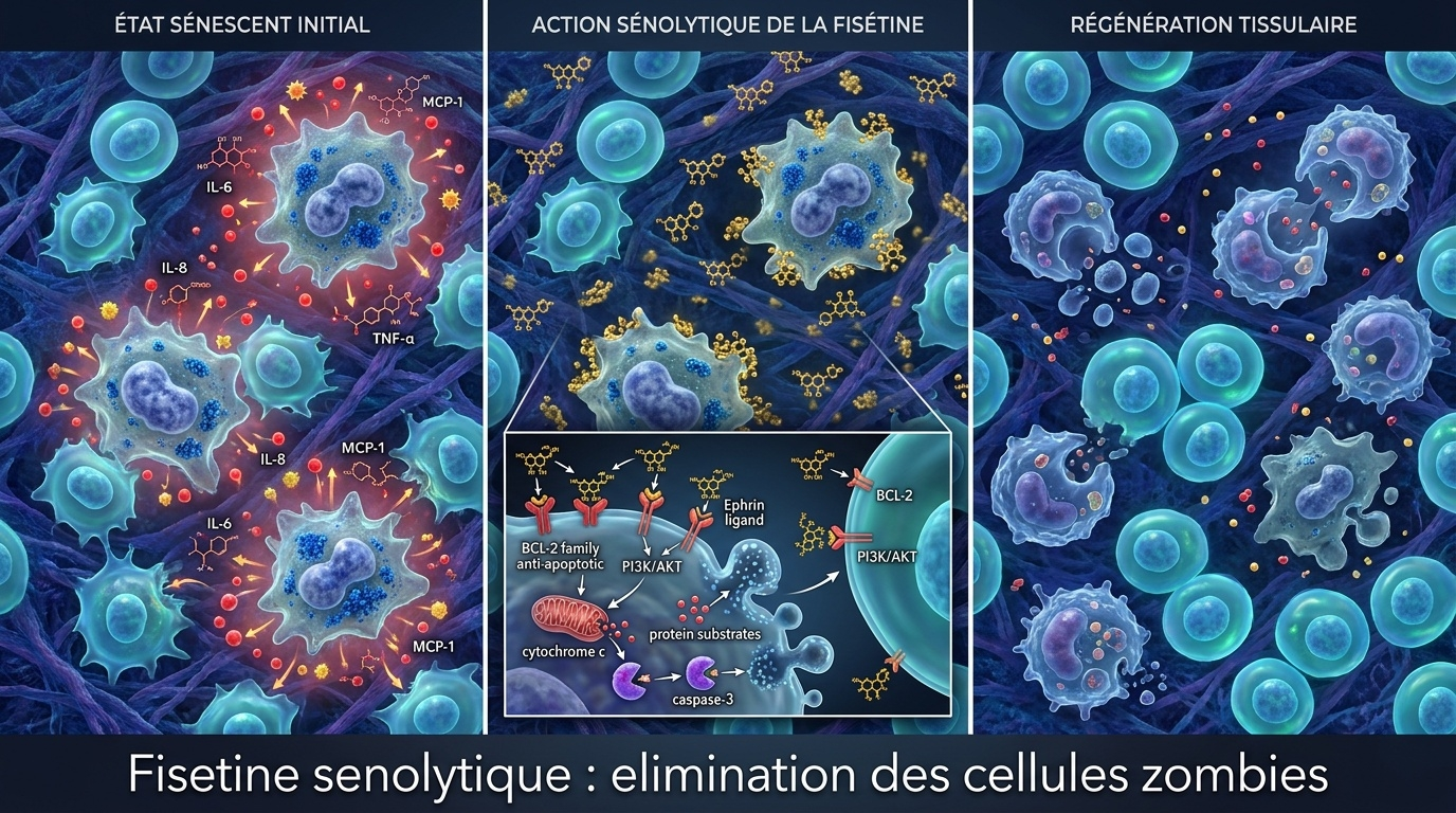 Visualisation en trois panneaux du mécanisme sénolytique de la fisétine : un tissu âgé envahi de cellules sénescentes SASP-positives, intervention sélective de la fisétine bloquant les défenses anti-apoptotiques (BCL-2, PI3K/AKT) et déclenchant l'apoptose ciblée, puis tissu rajeuni sans cellules zombies ni inflammation chronique.