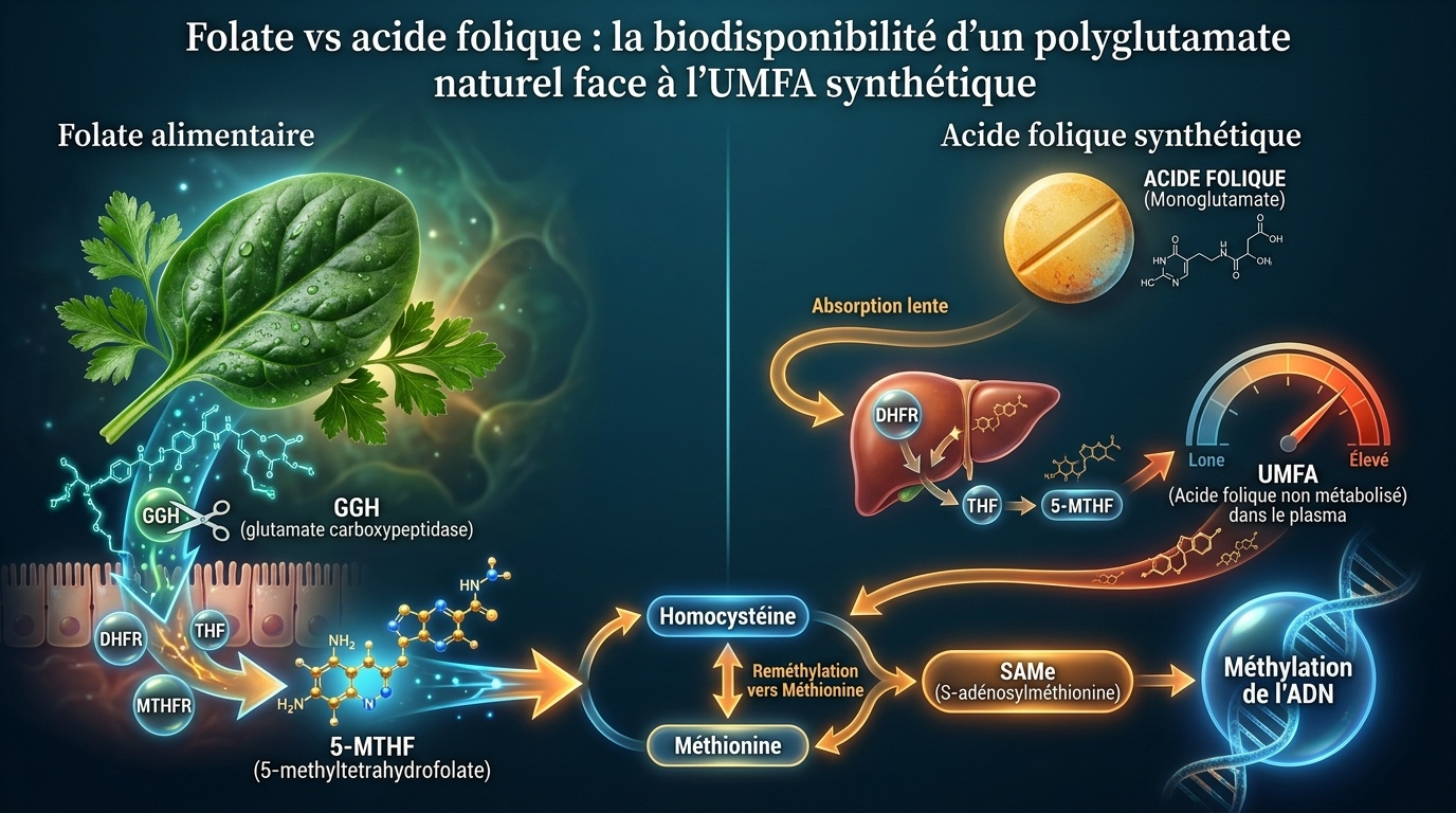 Comparaison biochimique du folate naturel (polyglutamate, conversion intestinale rapide) vs acide folique synthétique (monoglutamate oxydé, conversion hépatique, accumulation d'UMFA).