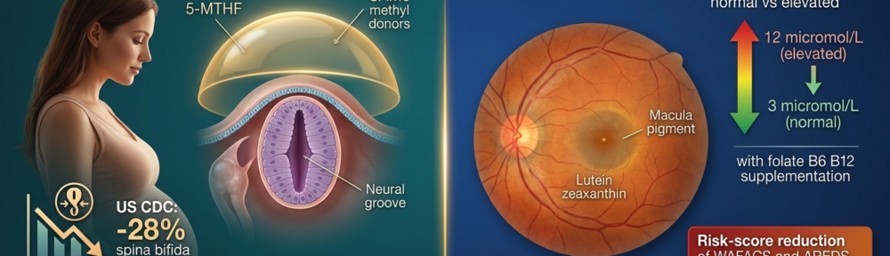 Infographie éditoriale split‑screen sur fond teal‑cobalt profond. Moitié gauche : portrait d'une femme enceinte sereine avec coupe transversale d'un embryon illustrant la plaque neurale (sillon neural violet peu profond en cours de fermeture entre les jours 21‑28 de gestation), protégée par une voûte dorée de 5‑MTHF et SAMe (donneurs de méthyles) ; en bas, glyphe des défauts du tube neural (spina‑bifida, anencéphalie) avec flèche ‑28 % après enrichissement alimentaire aux États‑Unis (CDC 1995‑2011) ; un comprimé « 400 µg d'acide folique » illustré à la base avec une note sur l'UMFA. Moitié droite : gros plan de la rétine saine avec macula lutea jaune : pigments lutéine et zéaxanthine ; tracé de l'homocystéine plasmatique, de 12 µmol/L (élevé) à 6 µmol/L (cible) avec supplémentation B9‑B6‑B12 ; en bas, échelle de risque DMLA (dégénérescence maculaire liée à l'âge) réduite de 35 à 40 % dans les essais WAFACS / AREDS. Palette éditoriale ambre‑cobalt avec accents dorés, rendu photoréaliste 16:9.