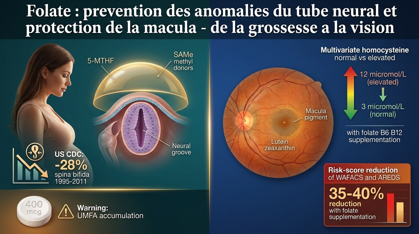 Vue d'ensemble : rôle du folate dans la prévention des anomalies du tube neural et dans celle de la DMLA via le contrôle de l'homocystéine.